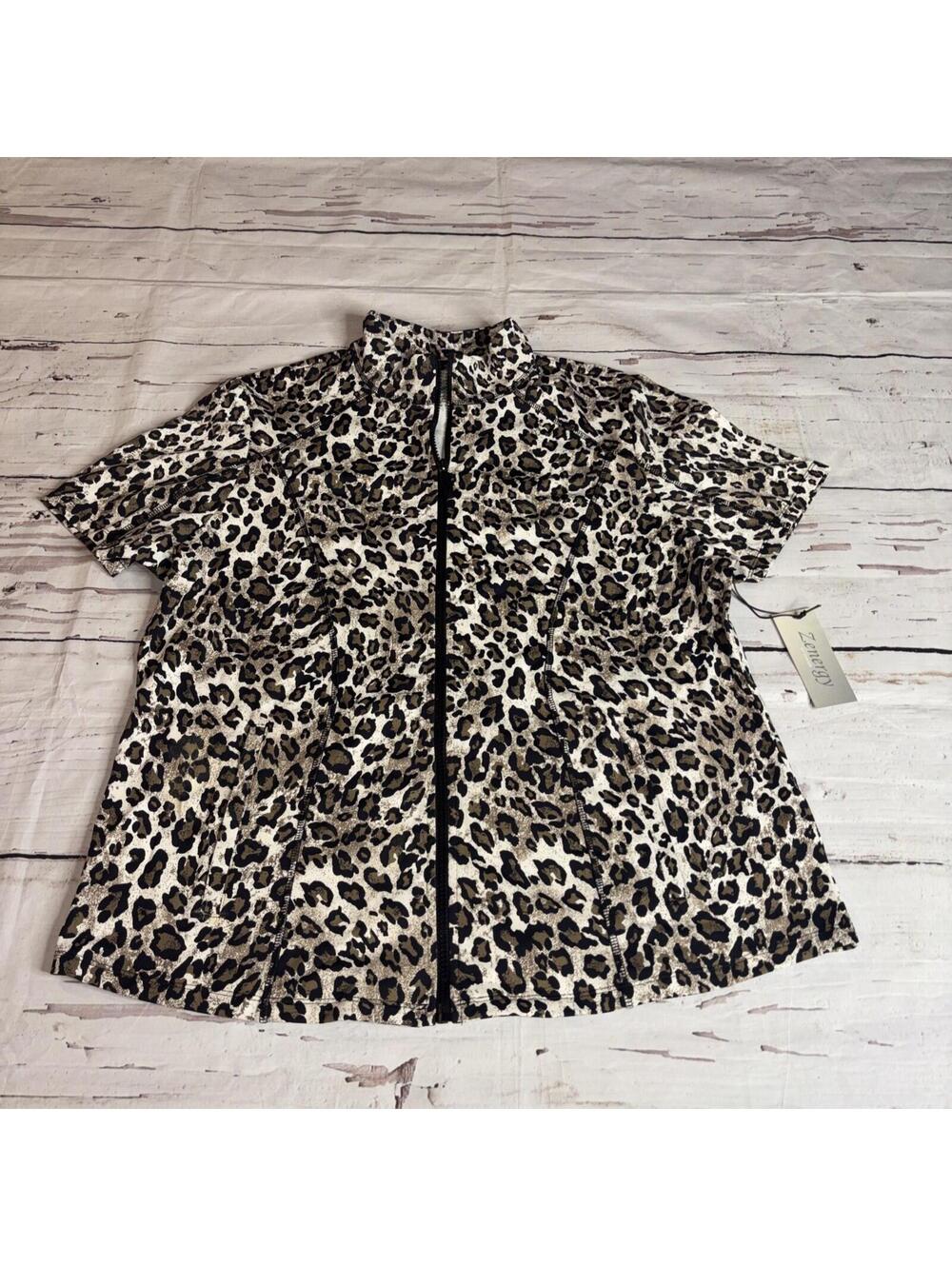Zenergy By Chico's Full Zip Women's 3 XL Animal Print Short Sleeve Jacket TopB4